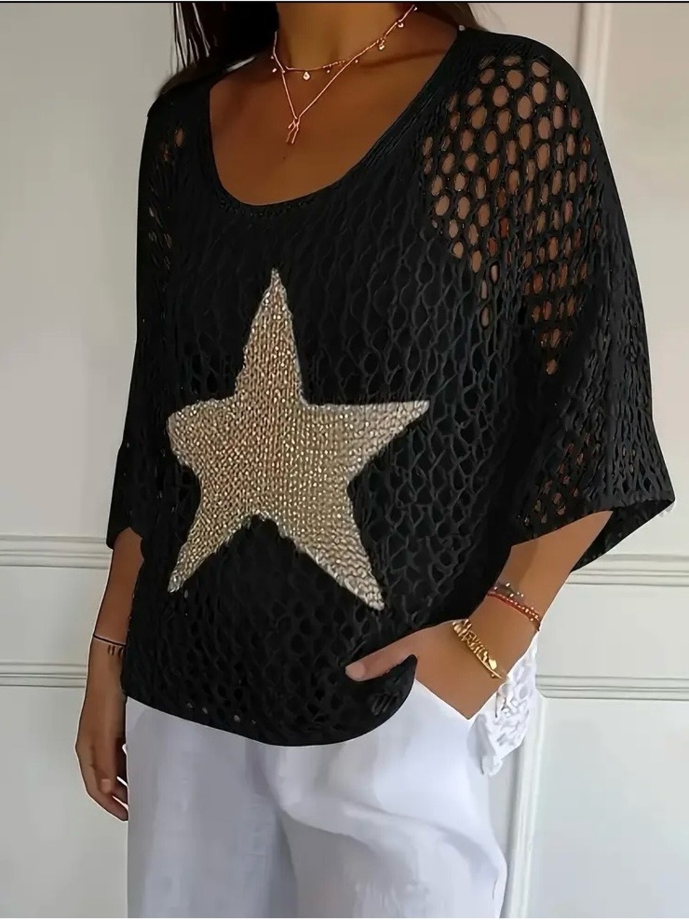 Black Open-Knit  brushed gold Star Pullover - Picture 2 of 4